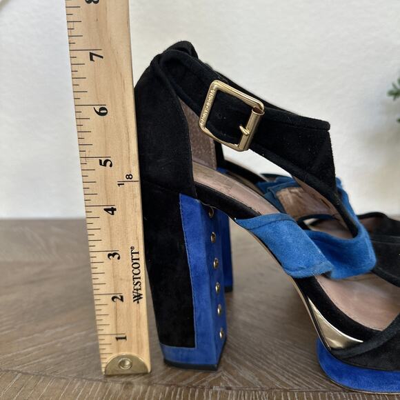 Vince Camuto Color Block Bue Black Suede Platform Sandals Heels Size 8.5 Shoes - Picture 7 of 11